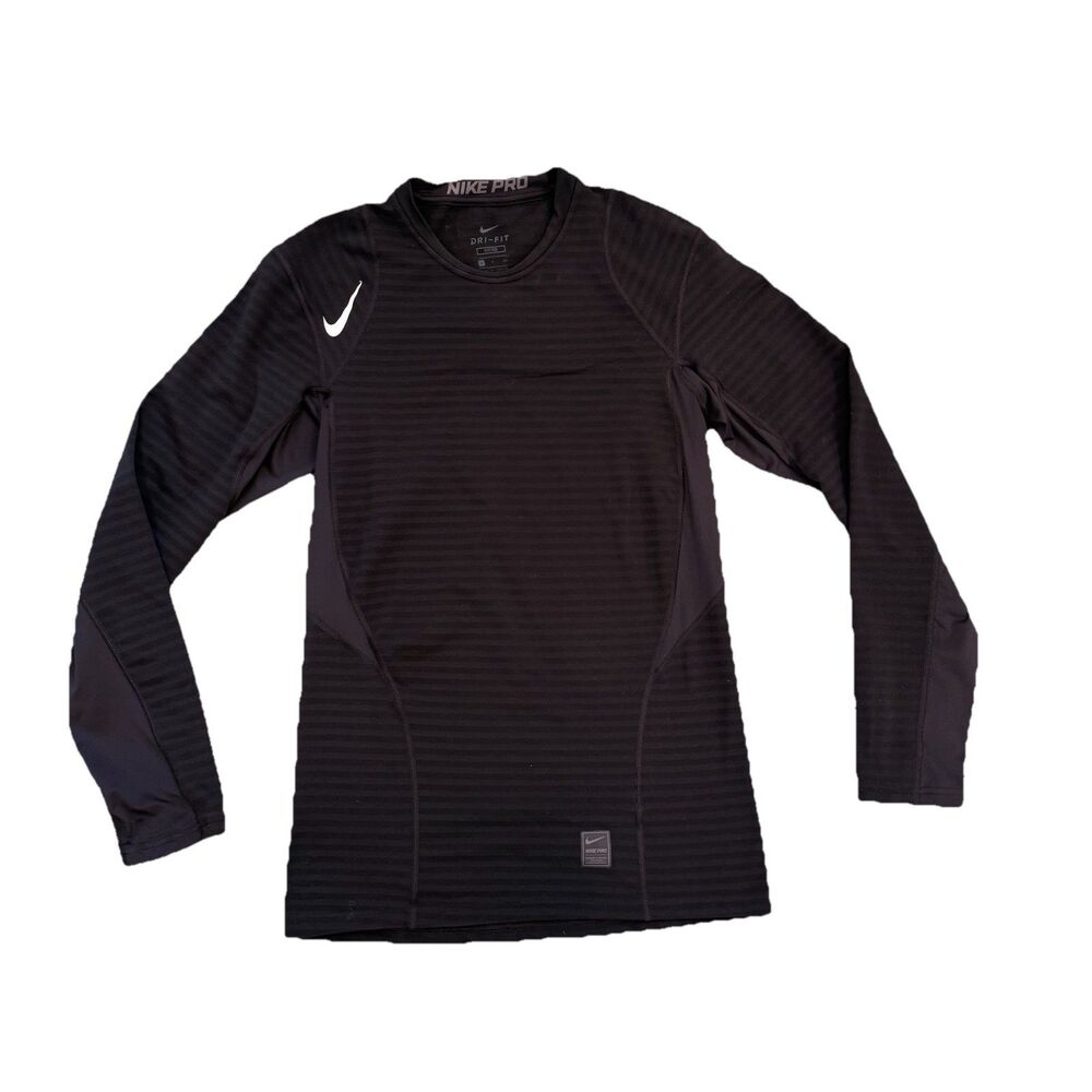 Nike Pro Dri-FIT Shirt Mens Small Striped Black Long Sleeve Fitted Athletic